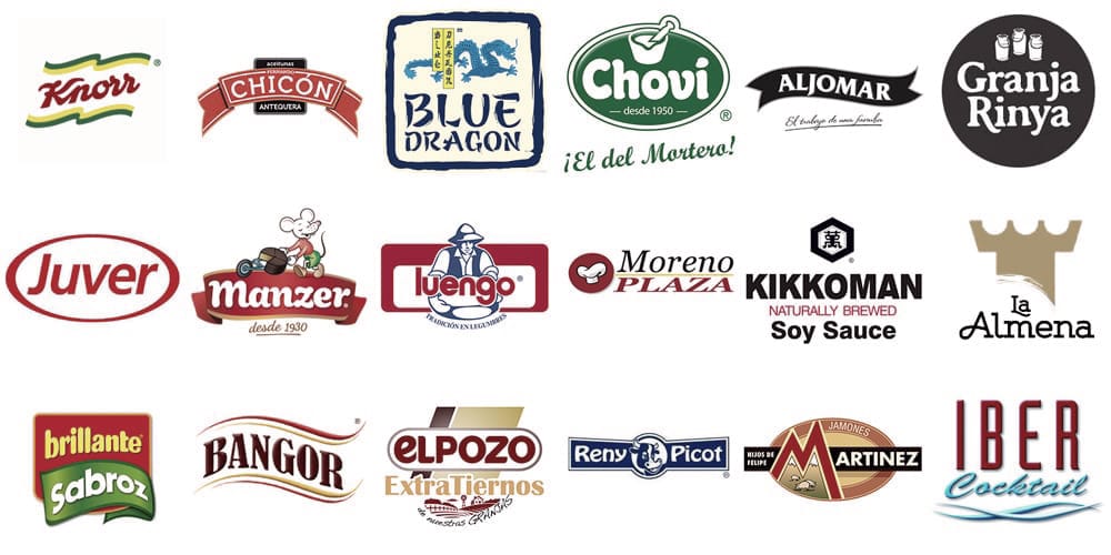 Knorr, Chicón, Blue Dragon, Chovi, Aljomar, Granja Rinya, Juver, Manzer, Luengo, Moreno Plaza, Kikkoman, La Almena, Brillante, Sabroz, Bangor, El Pozo, Reny Picot, Martínez, Iber Cocktail